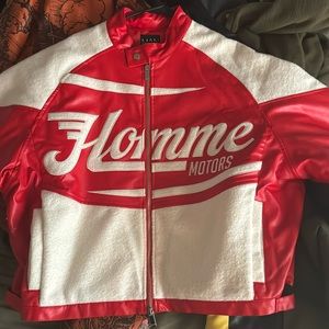 Red faux leather race jacket